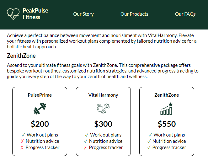 screenshot of a product landing page